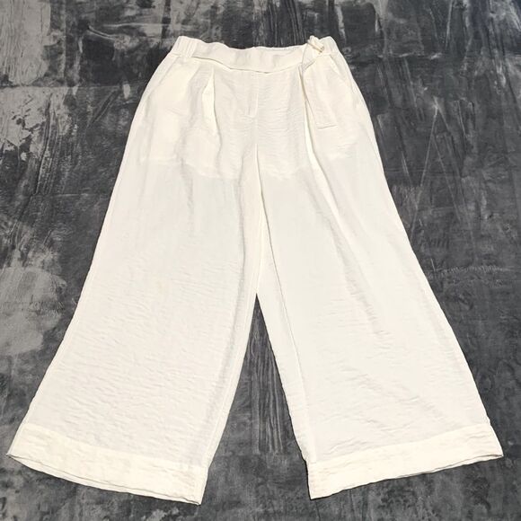 b new york Pants - B New York Women Cream Textured Wide Leg Belted Pants Medium Off White Boho Flaw